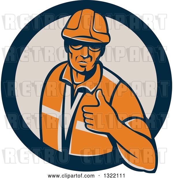 Vector Clip Art of Retro Male Construction Worker Giving a Thumb up in a Navy Blue and Tan Circle