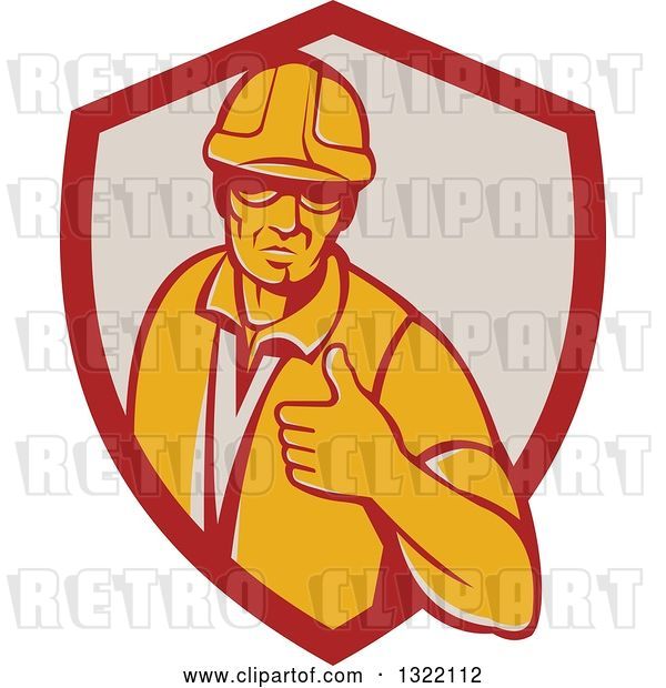 Vector Clip Art of Retro Male Construction Worker Giving a Thumb up in a Red and Taupe Shield