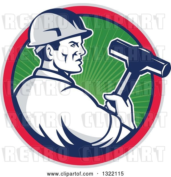 Vector Clip Art of Retro Male Construction Worker Holding a Sledgehammer in a Green Ray, Blue, Pink and Gray Circle