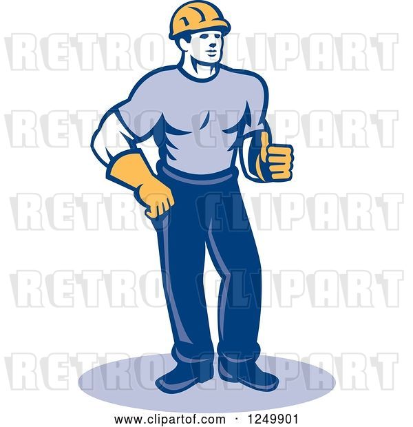 Vector Clip Art of Retro Male Construction Worker Holding a Thumb up