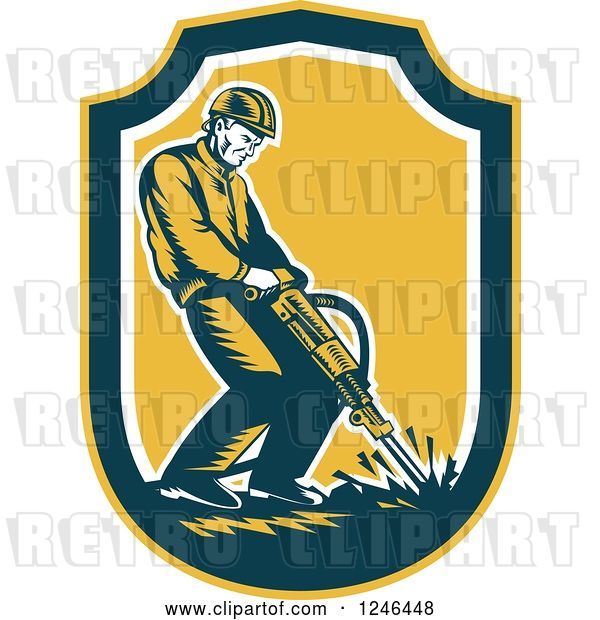 Vector Clip Art of Retro Male Construction Worker Operating a Jackhammer in a Shield