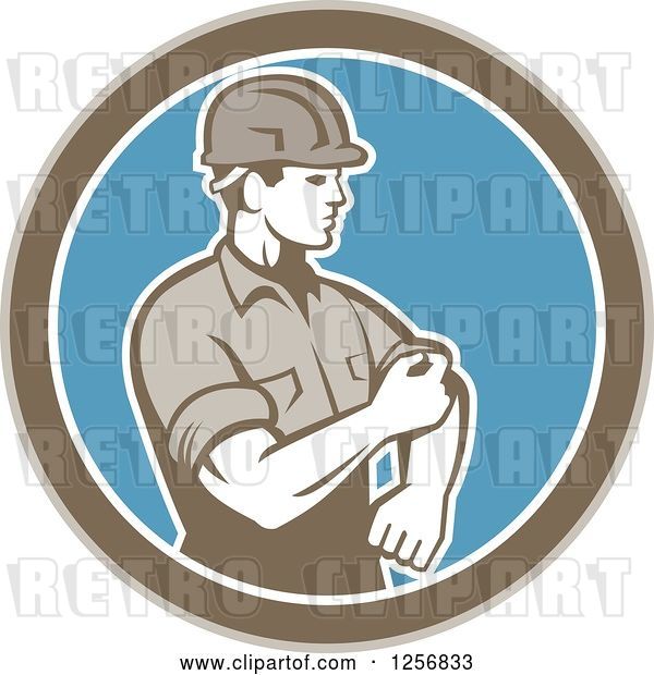 Vector Clip Art of Retro Male Construction Worker Rolling up His Sleeve in a Brown White and Blue Circle