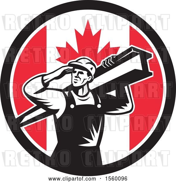 Vector Clip Art of Retro Male Construction Worker Shielding His Eyes and Carrying a Beam in a Canadian Flag Circle