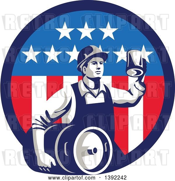 Vector Clip Art of Retro Male Construction Worker Toasting and Carrying a Beer Keg in an American Circle