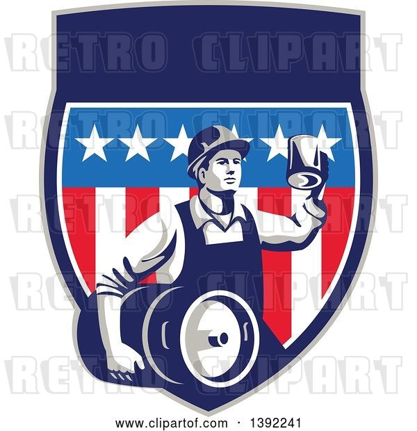 Vector Clip Art of Retro Male Construction Worker Toasting and Carrying a Beer Keg in an American Shield