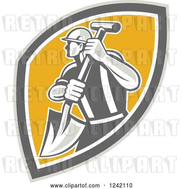 Vector Clip Art of Retro Male Construction Worker with a Shovel in a Shield