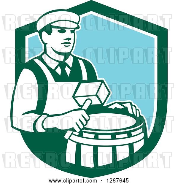 Vector Clip Art of Retro Male Cooper Barrel Maker Holding a Mallet over a Drum in a Green White and Blue Shield