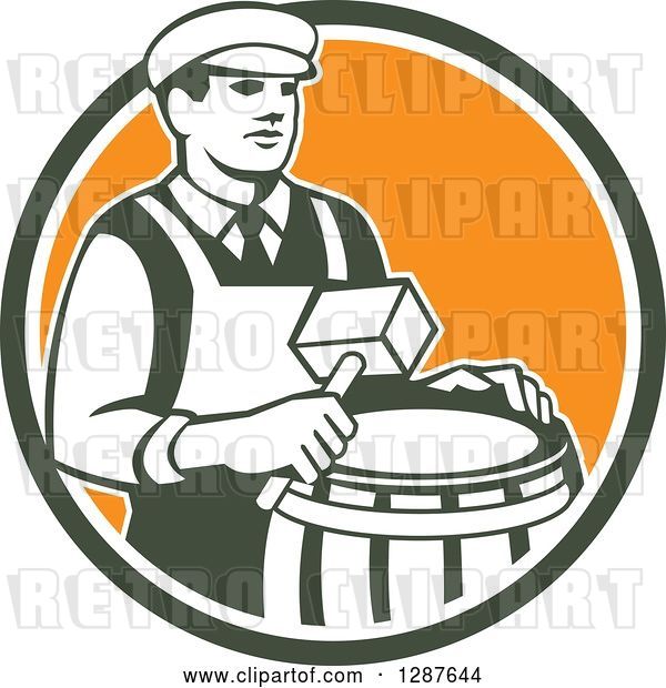 Vector Clip Art of Retro Male Cooper Barrel Maker Holding a Mallet over a Drum in a Green White and Orange Circle