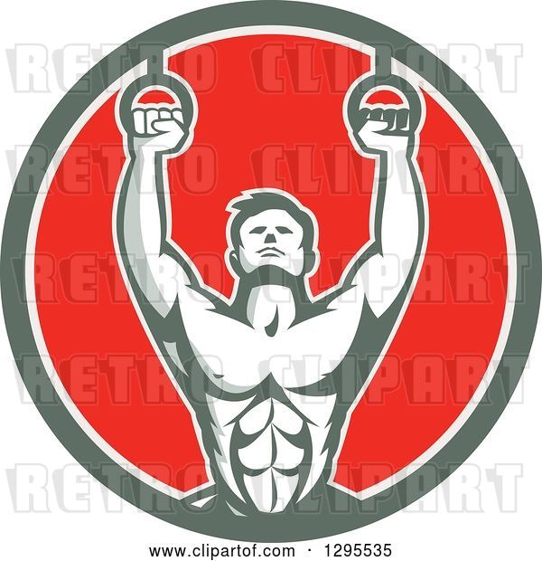 Vector Clip Art of Retro Male Crossfit or Gymnast Athlete Doing Kipping Pull Ups on Still Rings in a Green White and Red Circle