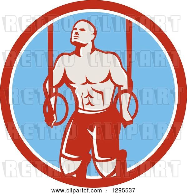 Vector Clip Art of Retro Male Crossfit or Gymnast Athlete Doing Kipping Pull Ups on Still Rings in a Red White and Blue Circle