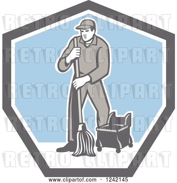 Vector Clip Art of Retro Male Custodian Janitor in a Shield