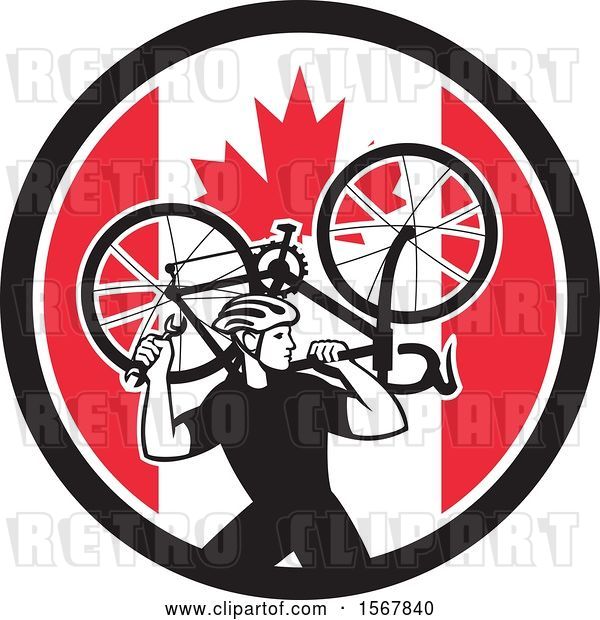 Vector Clip Art of Retro Male Cyclist Carrying a Bicycle on His Back in a Canadian Flag Circle