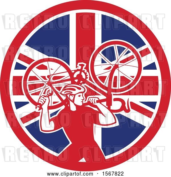 Vector Clip Art of Retro Male Cyclist Carrying a Bicycle on His Back in a Union Jack Flag Circle