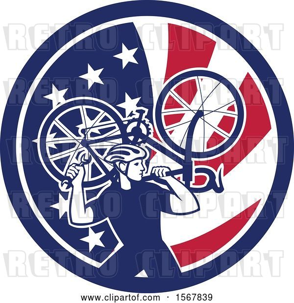 Vector Clip Art of Retro Male Cyclist Carrying a Bicycle on His Back in an American Flag Circle