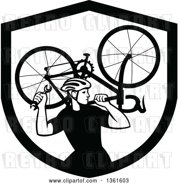 Vector Clip Art of Retro Male Cyclist Carrying a Bicycle on His Back Inside a Shield