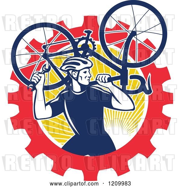 Vector Clip Art of Retro Male Cyclist Carrying a Bicycle over a Gear and Sun Circle