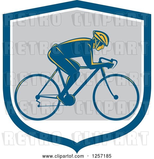 Vector Clip Art of Retro Male Cyclist in a Blue White and Gray Shield
