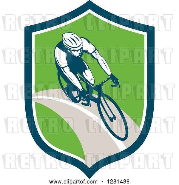 Vector Clip Art of Retro Male Cyclist in a Blue White and Green Shield