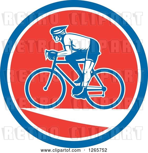 Vector Clip Art of Retro Male Cyclist in a Blue White and Red Circle