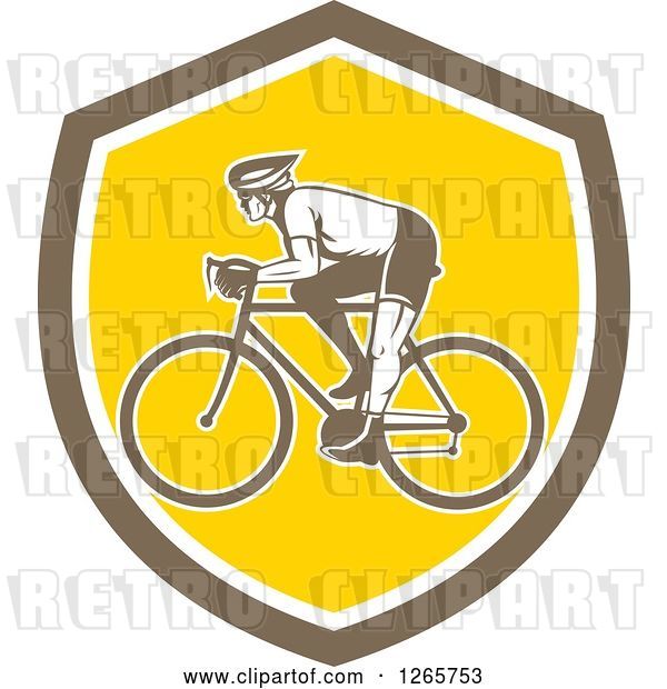 Vector Clip Art of Retro Male Cyclist in a Brown White and Yellow Shield