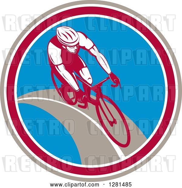 Vector Clip Art of Retro Male Cyclist in a Taupe Maroon White and Blue Circle