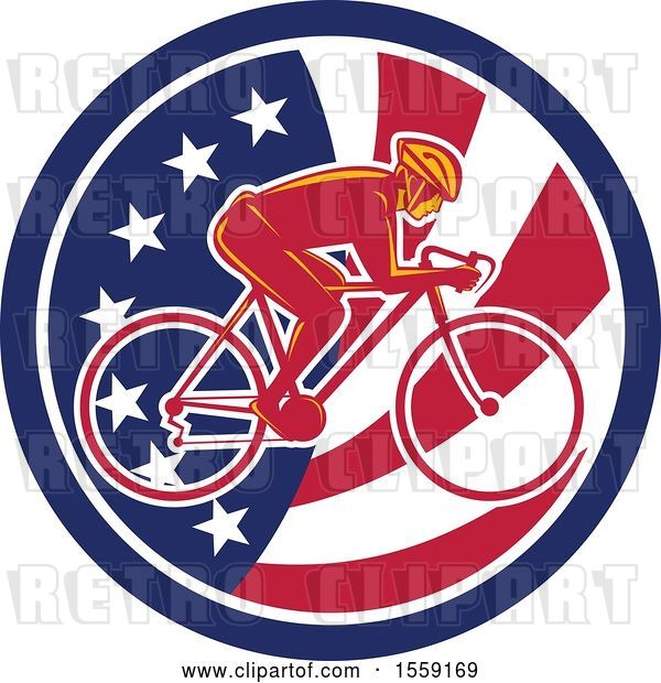 Vector Clip Art of Retro Male Cyclist in an American Flag Circle