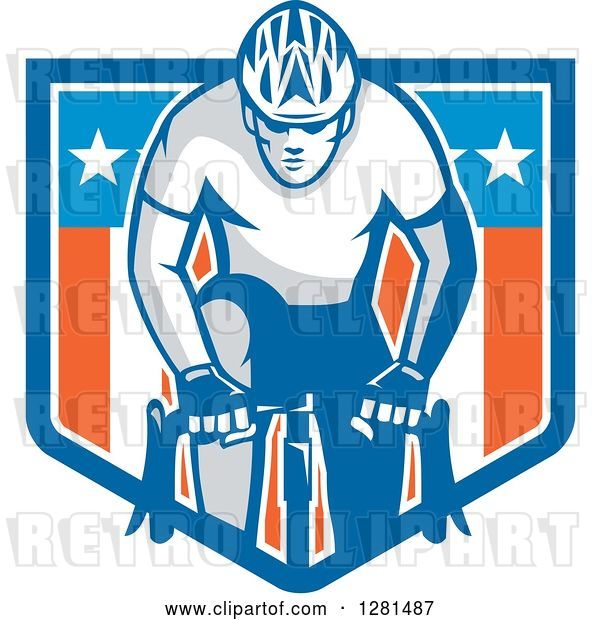 Vector Clip Art of Retro Male Cyclist in an American Flag Shield Banner