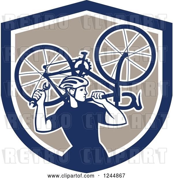 Vector Clip Art of Retro Male Cyclist Repair Guy Holdig up a Bike in a Shield