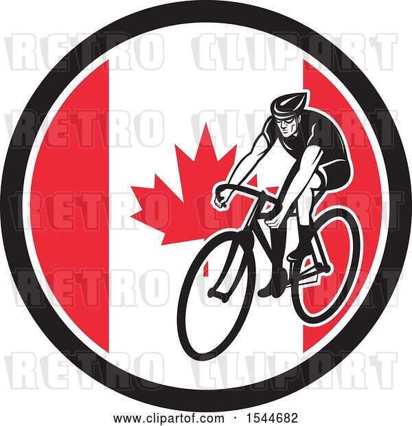 Vector Clip Art of Retro Male Cyclist Riding a Bicycle in a Canadian Flag Circle