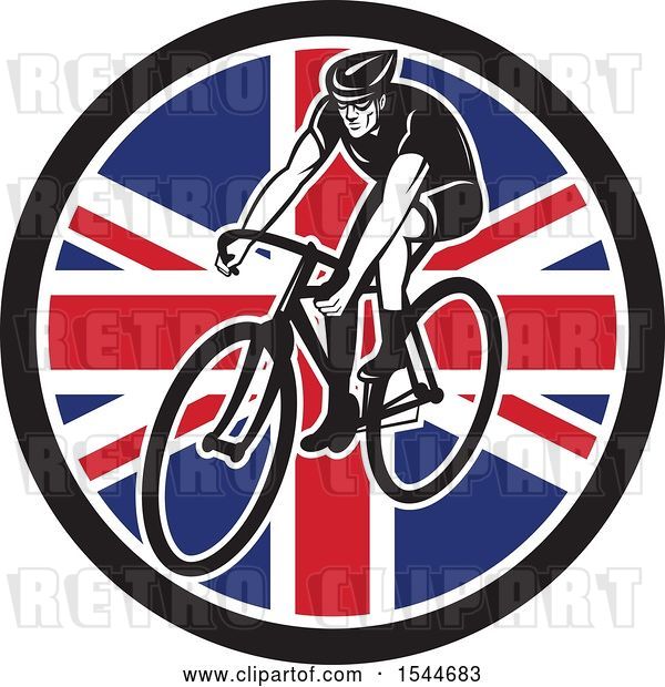 Vector Clip Art of Retro Male Cyclist Riding a Bicycle in a Union Jack Flag Circle