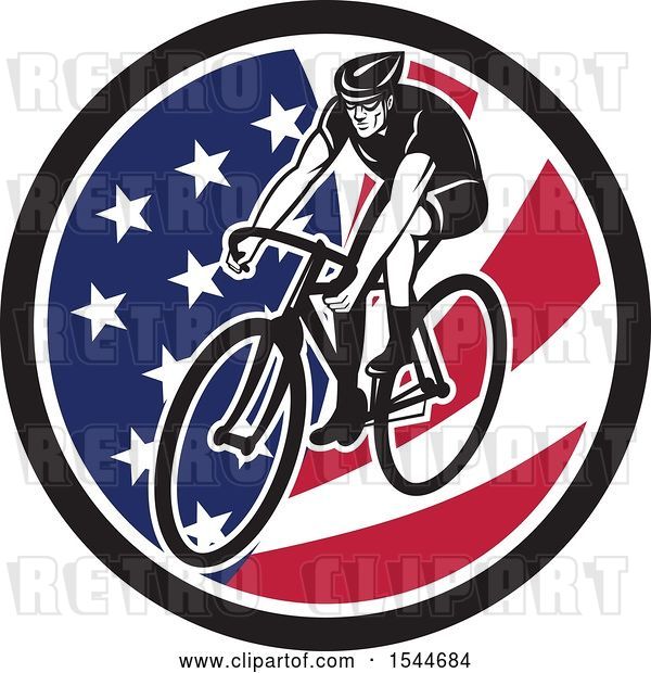 Vector Clip Art of Retro Male Cyclist Riding a Bicycle in an American Flag Circle