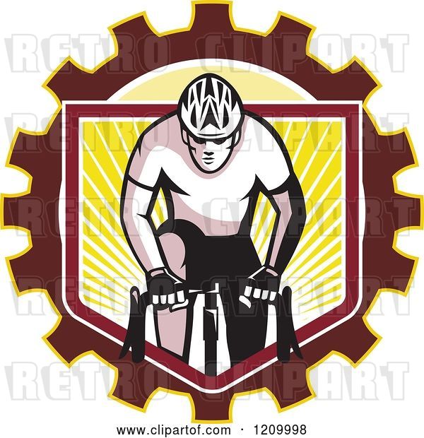 Vector Clip Art of Retro Male Cyclist Riding over a Gear Shield of Rays