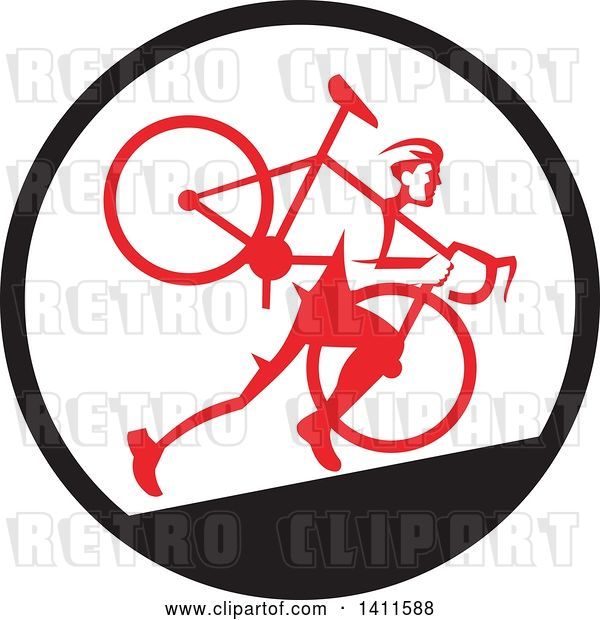 Vector Clip Art of Retro Male Cyclocross Athlete Running and Carrying Bicycle on His Shoulders in a Black White and Red Circle