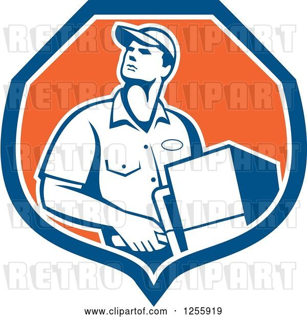 Vector Clip Art of Retro Male Delivery Guy Delivering in a Shield