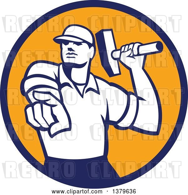 Vector Clip Art of Retro Male Demolition Worker Holding a Sledgehammer and Pointing in a Blue and Orange Circle