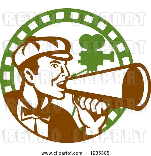 Vector Clip Art of Retro Male Director Using a Bullhorn in a Film Strip Circle