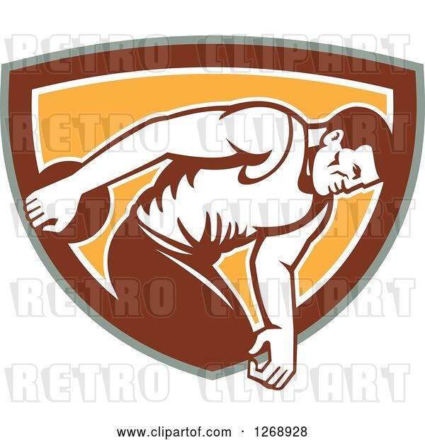 Vector Clip Art of Retro Male Discus Thrower in an Orange Brown White and Green Shield