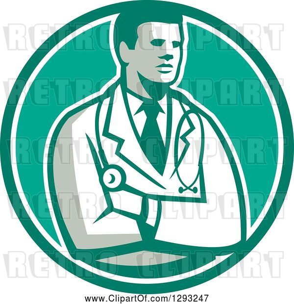 Vector Clip Art of Retro Male Doctor or Veterinarian with Folded Arms in a Green and White Circle