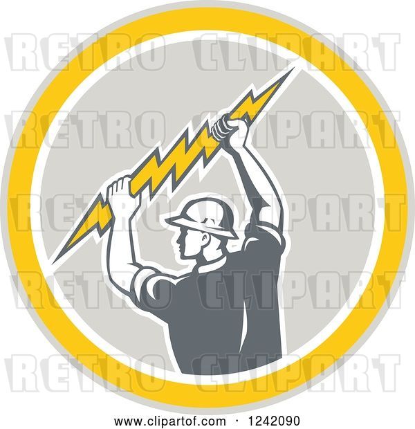 Vector Clip Art of Retro Male Electrician Holding a Bolt in a Circle