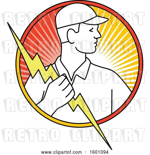 Vector Clip Art of Retro Male Electrician Holding a Bolt in a Circle