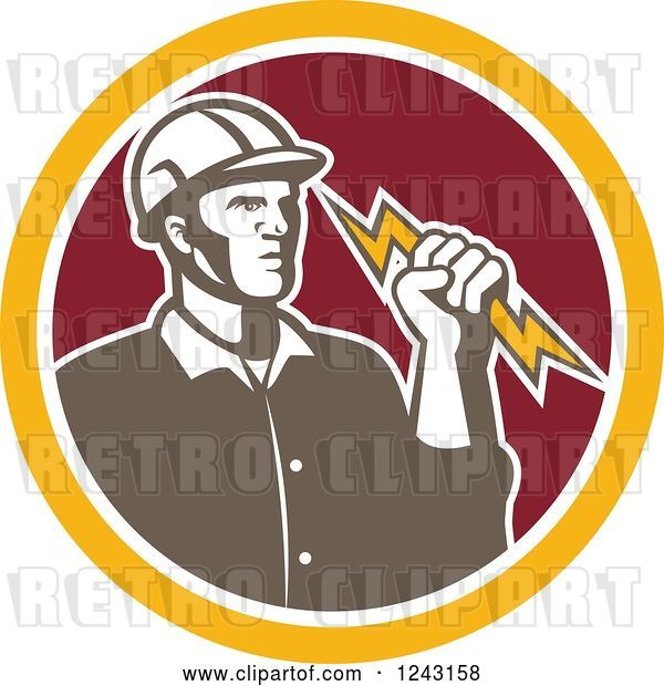 Vector Clip Art of Retro Male Electrician Holding a Bolt in a Red and Yellow Circle