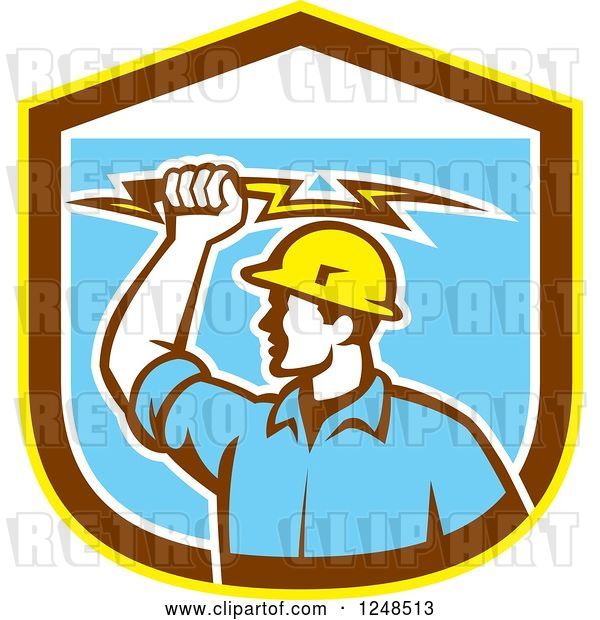 Vector Clip Art of Retro Male Electrician Holding a Bolt over a Shield