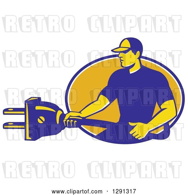 Vector Clip Art of Retro Male Electrician Holding a Giant Plug and Emerging from a Blue White and Yellow Oval