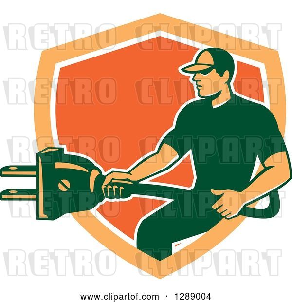 Vector Clip Art of Retro Male Electrician Holding a Giant Plug in an Orange and White Shield