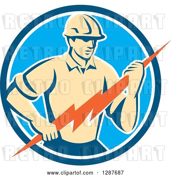 Vector Clip Art of Retro Male Electrician Holding a Lightning Bolt in a Blue and White Circle