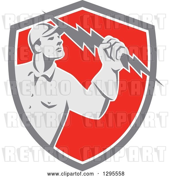 Vector Clip Art of Retro Male Electrician Holding a Lightning Bolt in a Gray White and Red Shield