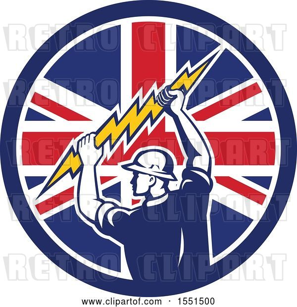 Vector Clip Art of Retro Male Electrician Holding a Lightning Bolt in a Union Jack Flag Circle