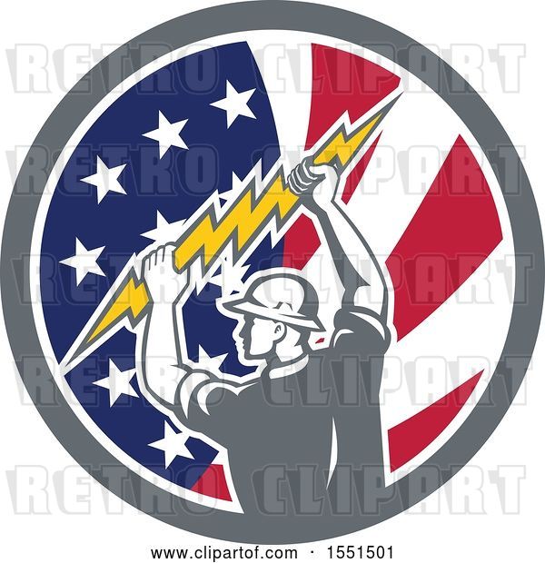 Vector Clip Art of Retro Male Electrician Holding a Lightning Bolt in an American Flag Circle