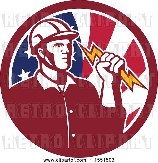 Vector Clip Art of Retro Male Electrician Holding a Lightning Bolt in an American Flag Circle