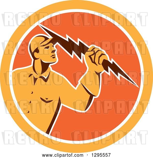 Vector Clip Art of Retro Male Electrician Holding a Lightning Bolt in an Orange and White Circle